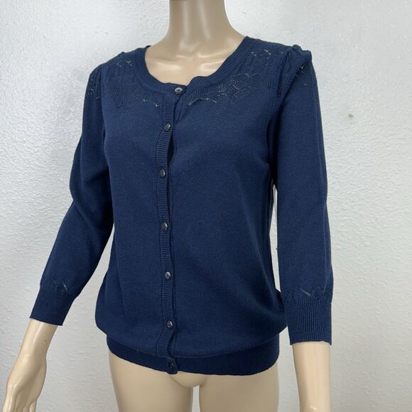 Mark Sweater Women Retro Cottage Basic Layer Staple Button Navy Crochet M,L - Picture 2 of 10